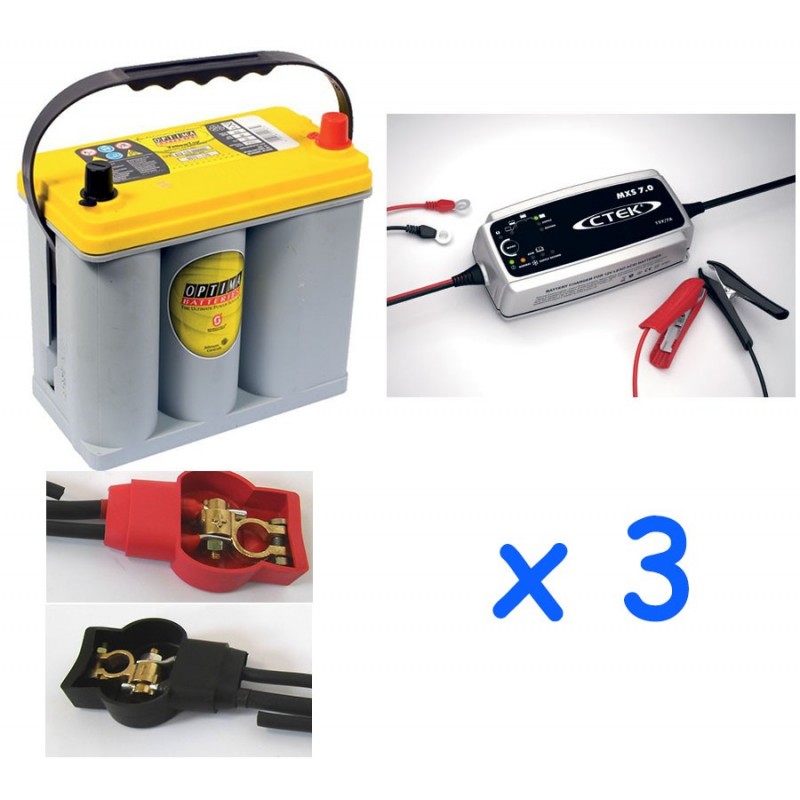 Set of 3 OPTIMA 38Ah batteries and 3 CTEK 7A chargers with lugs