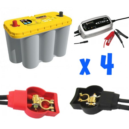 Set of 4 OPTIMA 75Ah batteries and 4 CTEK 10A chargers with lugs